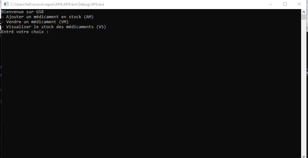 Interface console de l&rsquo;application